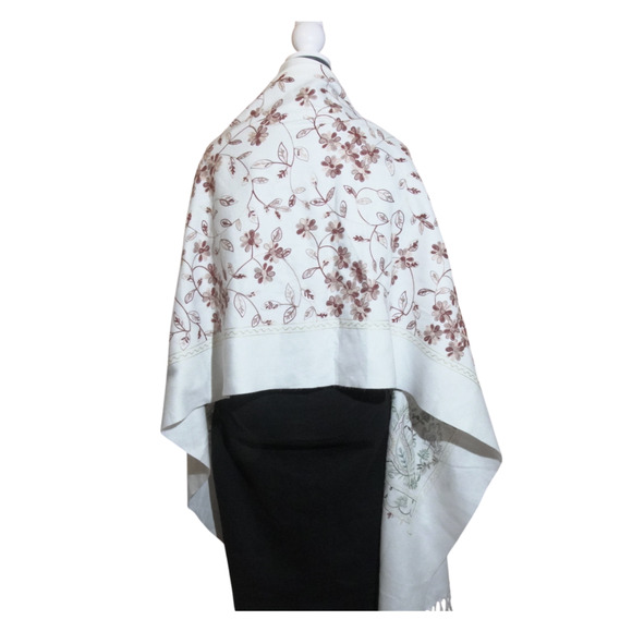 La Seine Accessories - La Seine White Pashmina Shawl Wrap Gold Green Embroidery Fringe 78"x28" Holiday